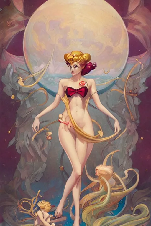 Prompt: Sailor Moon by Peter Mohrbacher in the style of Gaston Bussière, Art Nouveau