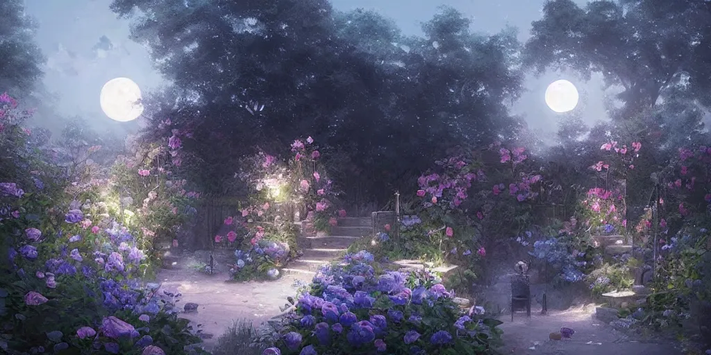 Image similar to a beautiful painting of the blue roses garden and the moon, greg rutkowski style, trending on artstation