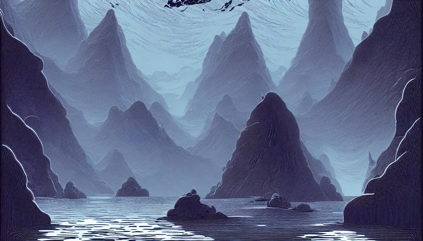 Image similar to fjords by nicolas delort, moebius, victo ngai, josan gonzalez, kilian eng
