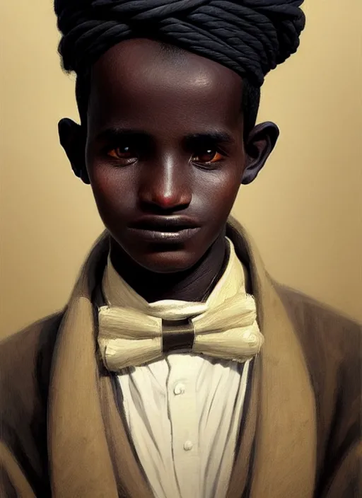 Prompt: a portrait of an sudanese boy with a crooked nose in victorian clothing, confident pose, intricate, elegant, sharp focus, illustration, highly detailed, concept art, matte, trending on artstation, anime, art by james jean and artgerm and brian despain and alberto mielgo, greg rutkowski, wlop, ilya kuvshinov, strong strokes