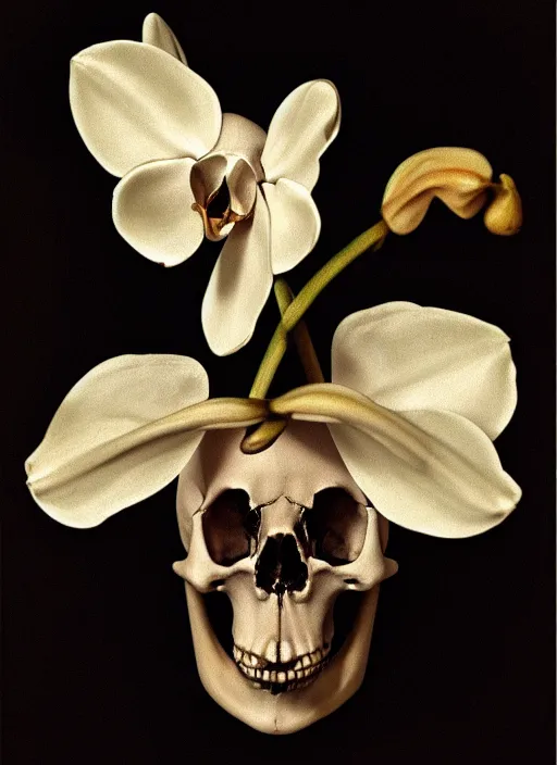 Prompt: renaissance painting of a skull - shaped orchid on a black background, high quality, no blur, 4 k