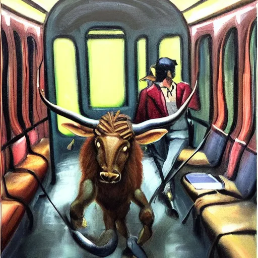 Prompt: a beautiful oil painting painting of the minotaur riding on the subway, staring at his cell phone