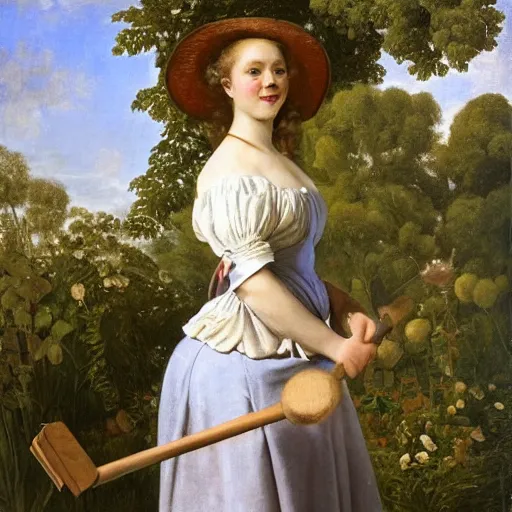Prompt: doja cat playing croquet in the garden, happy expression, smiling, beautiful symmetrical face, holding a croquet mallet, rule of thirds, golden ratio, oil on canvas, highly detailed, warm color scheme, soft lighting, sharp focus, adelaide labille - guiard, artemisia gentileschi