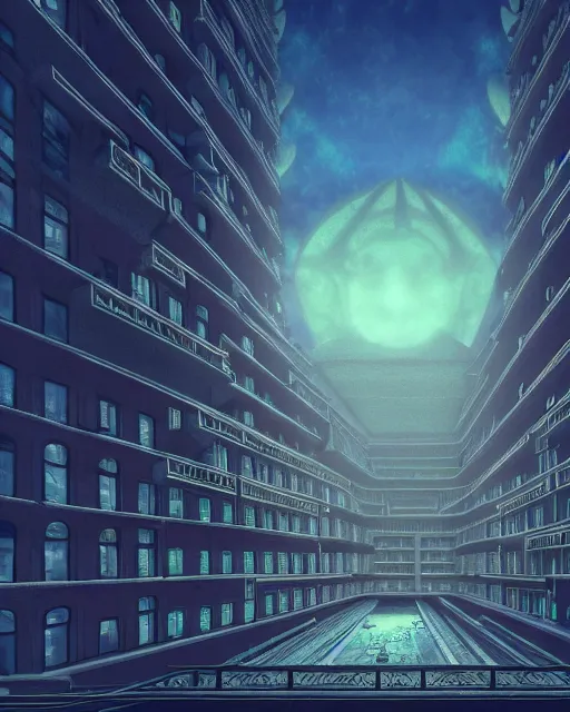 Image similar to a beautiful detailed highly detailed building unfinished building city architecture military hospital by louis kahn, apocalyptic sunlight uv light rainforest lightpaint at night studio ghibli at dusk myst at dawn retrowave synthwave nightsky cyberpunk, archdaily, wallpaper, highly detailed, trending on artstation.