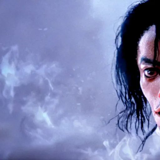 Prompt: cinematic film still of Michael Jackson starring as a Samurai holding fire, Japanese CGI, VFX, 2022, 40mm lens, shallow depth of field, film photography