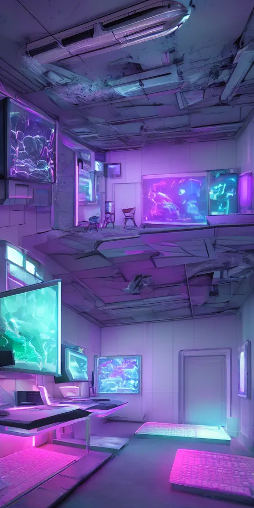 Image similar to a photorealistic futuristic 3D room with four walls covered with rainbow glowing CRT computer monitors with snowy screens embedded into the wall, Trending on artstation, cinematic lighting from the right, hyper realism, octane render, 8k, depth of field, 3D