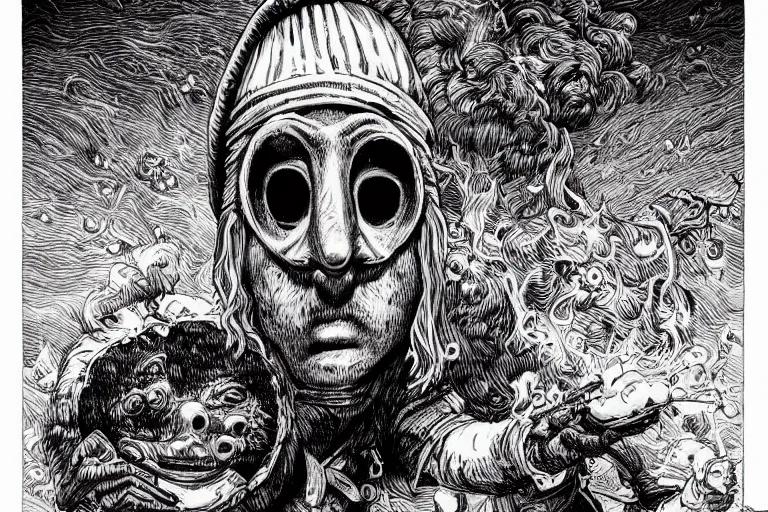 Image similar to a highly detailed pulcinella!! from naples, pizza!, volcano, black sky, smoke, fire lava, post - apocalyptic road warrior vibe, full body, wide angle, an ultrafine detailed painting by joe fenton, trending on deviantart, whimsical, lowbrow, perfect symmetrical face, sharp focus, octane, masterpiece