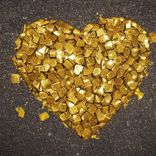 Prompt: heart made of gold smashed on the ground and broken into pieces