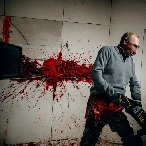 Image similar to putin with a chainsaw and a corpse. in a concrete bunker. focus on face with blood splatters. canon eos r 3, f / 1. 4, iso 4 0 0, 1 / 1 6 0 s, 8 k, raw