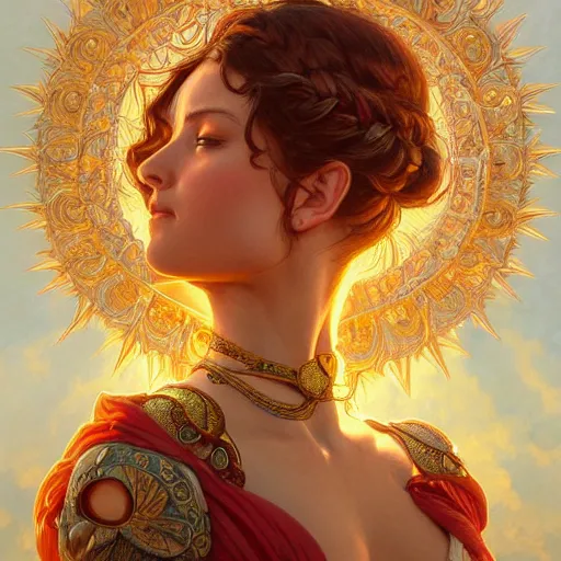 Prompt: portrait of the goddess of the sun, D&D, fantasy, intricate, elegant, highly detailed, digital painting, artstation, smooth, sharp focus, illustration, art by artgerm and greg rutkowski and alphonse mucha