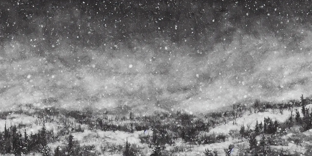 Image similar to laurentian appalachian mountains in winter, unique, original and creative black ink surrealist landscape, monochrome artwork, snowy night, aurora borealis, fauna, deers, ravens, lonely human walking, fascinating textures
