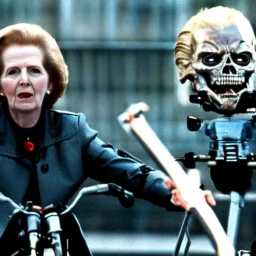 Image similar to A still of Margaret Thatcher as the Terminator in Terminator 2: Judgement Day (1991)