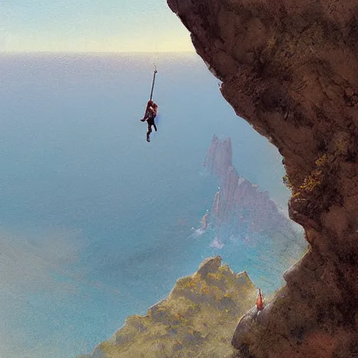 Image similar to adventurer hanging off a rocky cliff holding on by one hand, top down view by Greg Rutkowski by James Gurney