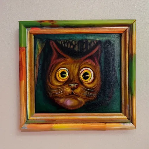 Prompt: a monstrous creature with the face of Garfield the cat, forest setting, oil painting, horror, dim lighting