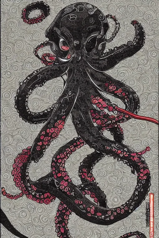 Image similar to professional digital art manga anime rendering of an octopus ninja, dressed as a ninja fighting with a katana. colorful design. higly detailed, intricate, by takato yamamoto, anime manga style, trending on art station.