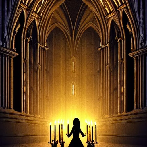 Prompt: a beautiful gothic girl inside a dark gothic cathedral illuminated by candles, impressive scene. grainy and rough. soft colour scheme. beautiful artistic detailed digital art