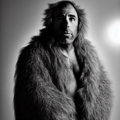 Prompt: Photo portrait Joe Rogan as a Neanderthal cave man wrapped in fur cloak lit by fire cave background dramatic lighting 85mm lens by Steve McCurry