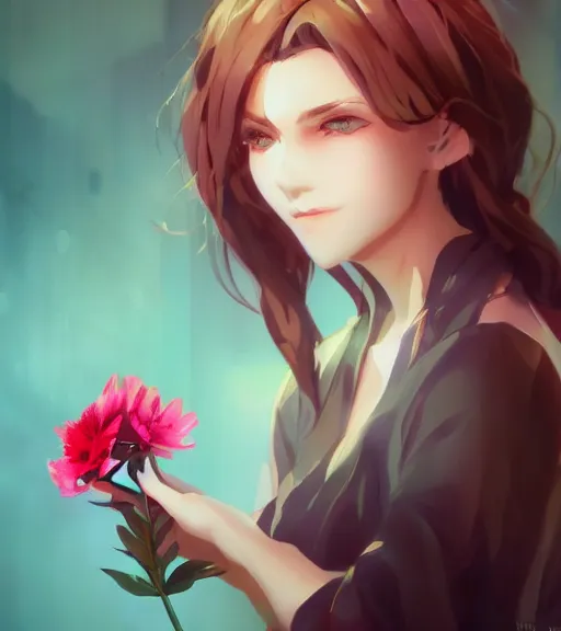 Image similar to pretty woman holding a flower, by wlop, poster, anime key visual, artstation