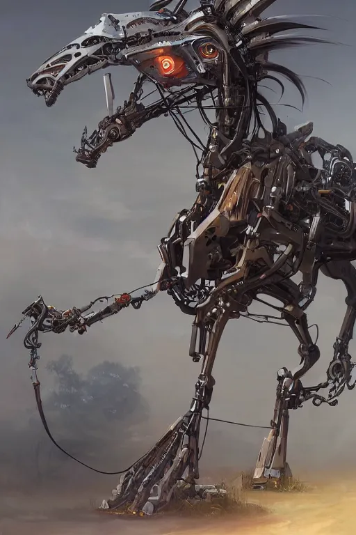 Image similar to 3 quarter view photography portrait of a biomechanical stalion horse illustrated by greg rutkowski and Akira Saito and Peter mohrbacher, boston dynamics, 4k,