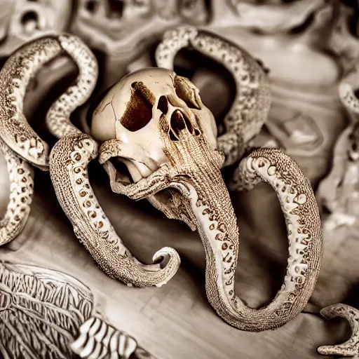 Image similar to an intricately detailed carving in an human - octopus skull, rococo ornate bone and ivory sculpted skull with teeth and tentacles, horror, artifact, micro detailed, tilt shift, uhd 8 k