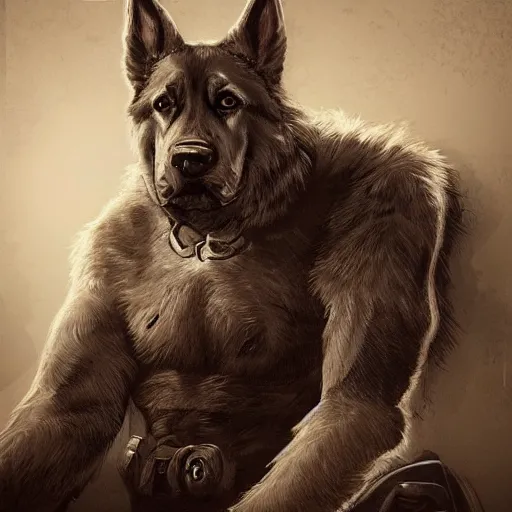 Image similar to a humanoid german shepherd beast - man in military style, sitting on the carpeted floor beside a bed, highly detailed portrait, digital painting, artstation, concept art, smooth, sharp foccus ilustration, artstation