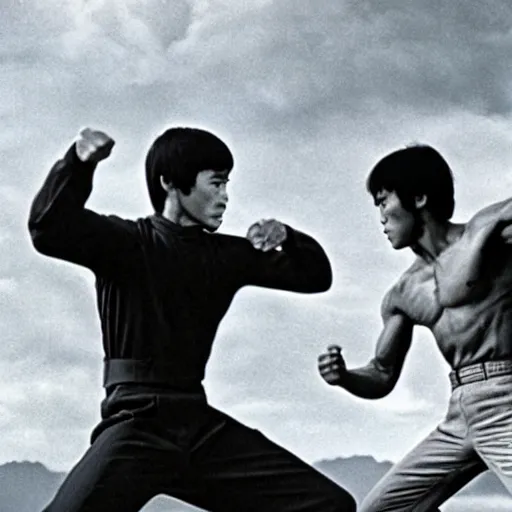 Prompt: insanely strong Bruce Lee fighting against godzilla, movie still, insanely detailed, 4k