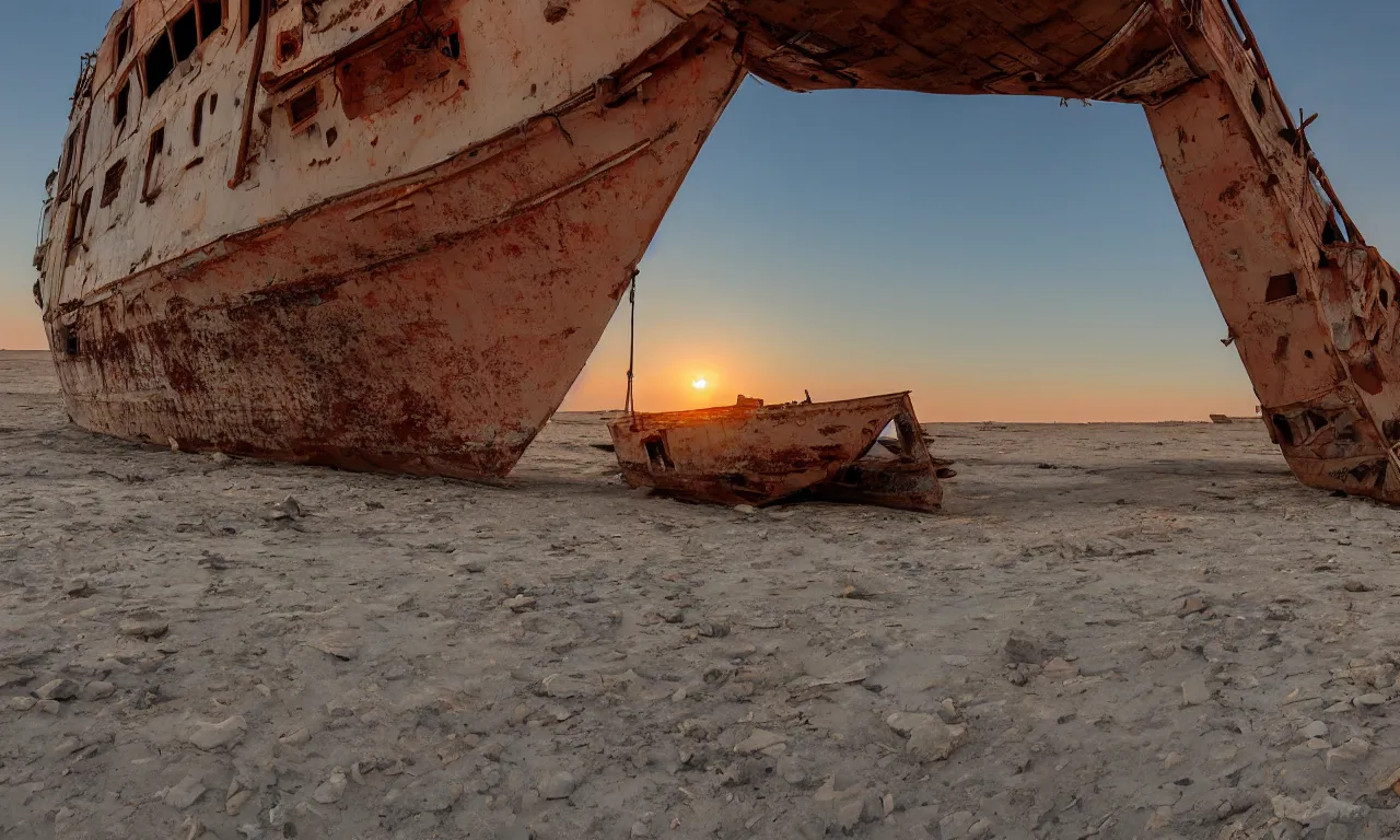 Prompt: an abandoned ship in the aral sea desert, setting sun, photorealistic, 4k, very detailed