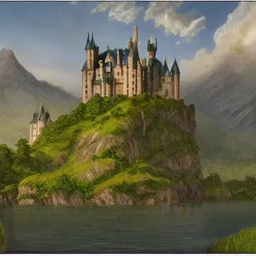 Image similar to 🏰🌄🏞️🌳🌲🌳🌲, George RR Martin, JRR Tolkien, Alan Lee, Frank Frazetta, Irish castle on an island in a lake