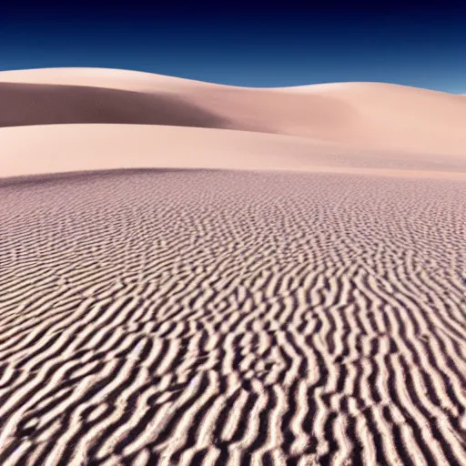 Image similar to a ultra realistic desolate planet of white sand dunes with a small figure in the distance bright blue sky