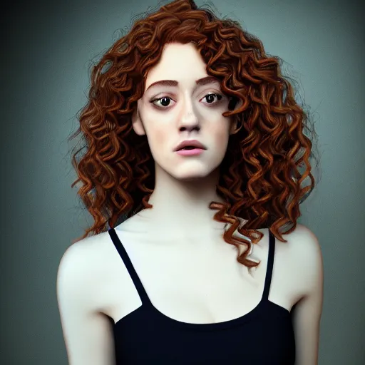 Image similar to curly ginger hair Emmy Rossum, realistic, photo studio, HDR, 8k, trending on artstation