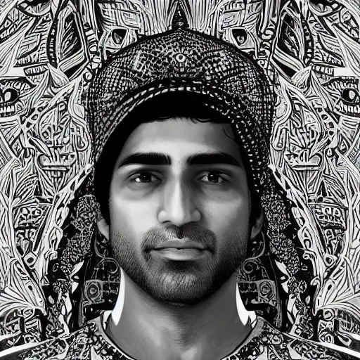 Prompt: portrait of a pakistani - american man, an ultrafine detailed illustration by james jean, intricate linework, bright colors, final fantasy, behance contest winner, vanitas, angular, altermodern, unreal engine 5 highly rendered, global illumination, radiant light, detailed and intricate environment