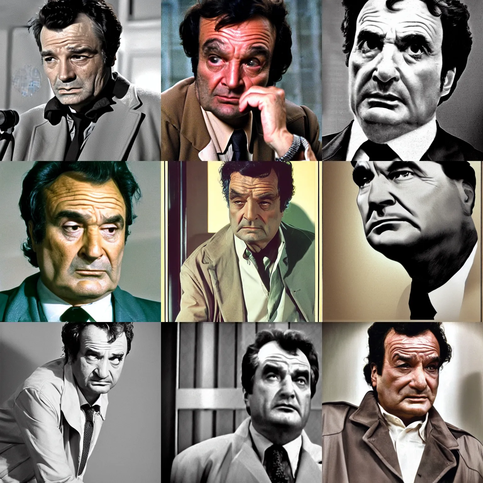 Prompt: disheveled greasy visage of detective Columbo, muted colors, high contrast, film grain