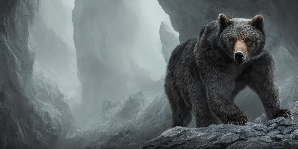 Prompt: a highly detailed matte painting of a new animal inspired by a bear and a wolf in a cave, ominous, foreboding, dark, trending on artstation,