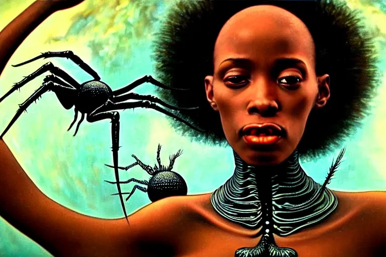 Image similar to realistic detailed closeup portrait movie shot of a beautiful black woman dancing with a giant spider, futuristic sci fi landscape background by denis villeneuve, jean deville, amano, yves tanguy, ernst haeckel, alphonse mucha, max ernst, caravaggio, roger dean, sci - fi necklace, fashion, masterpiece, rich moody colours