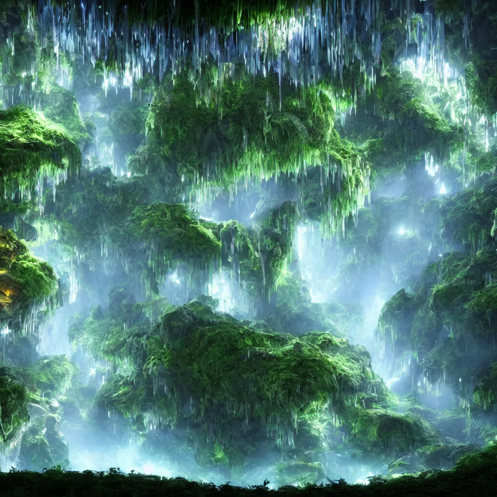 Image similar to a beautiful and stunning digital render of an epic glowing crystal cave, a lush prehistoric jungle, dimly glowing mushrooms, haze, waterfall, volumetric lighting, photorealistic, unreal engine 5, ultra detail, trending on artstation