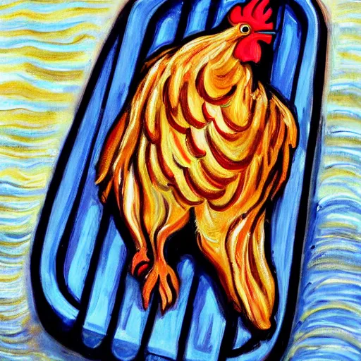 Prompt: painting of a chicken made of chicken wings on a raft, realistic, stylized, artstation, edward munch