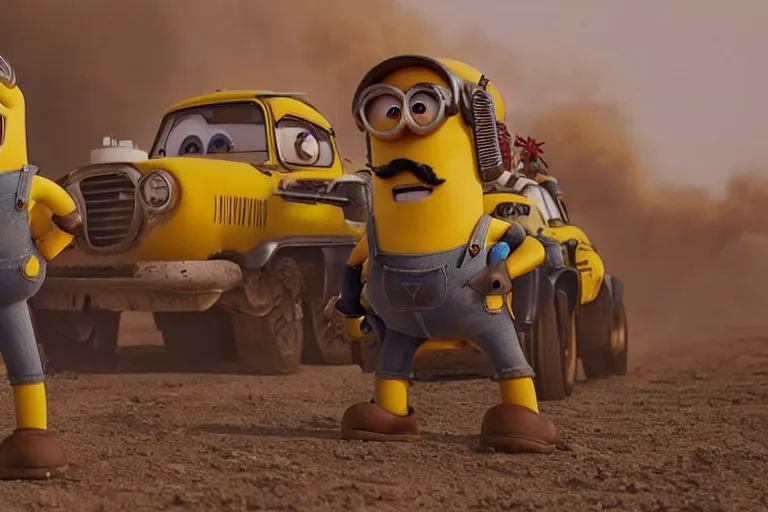 Image similar to a Minions vs super Mario , yellow and red, mechabot, in the Movie Mad Max: Fury Road 2015, epic sandstorm battle, action