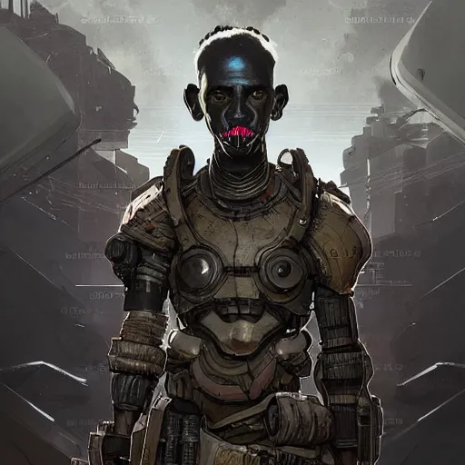 Image similar to a dark and ominous cyborg african child soldier with glowing eyes and facial scarification marks, Apex Legends character digital illustration portrait design, by android jones and greg rutkowski in a cyberpunk voodoo style, detailed, cinematic lighting, wide angle action dynamic portrait