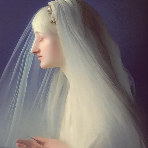 Prompt: a young woman’s face, her hair is white, she wears a long flowing blue satin veil, by ivan aivazovsky and pieter claesz and paul delaroche and alma tadema and august malmstrom and and willen claesz heda and aelbert cuyp and gerard ter borch, detailed, hyperrealistic, volumetric light, rendered in octane, rendered in redshift