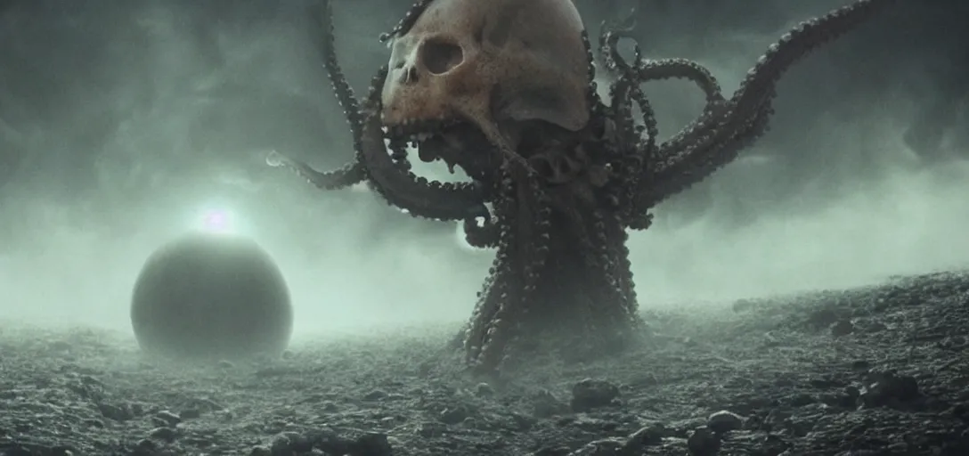 Prompt: an octopus in the shape of a skull eating a planet, foggy, cinematic shot, photo still from movie by denis villeneuve, wayne barlowe