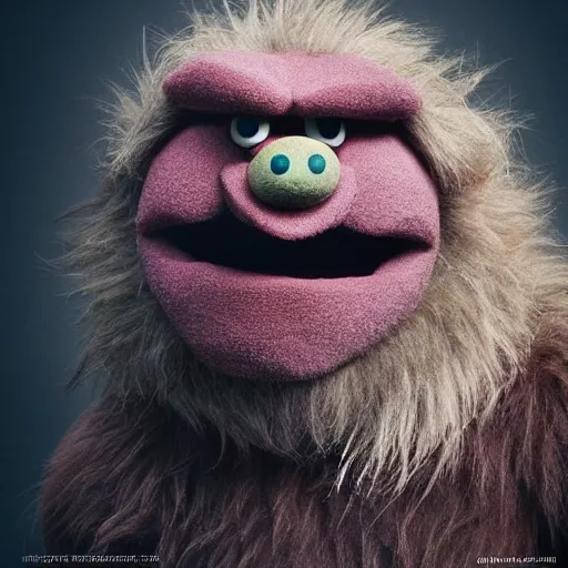 Image similar to a still of a forgotten muppet character looking very manly and modern, hilarious, laughing, hairy chest, huge chin, manly monster tough guy, roughled fur, photo real, photographic, photograph, artstation, trending, featured