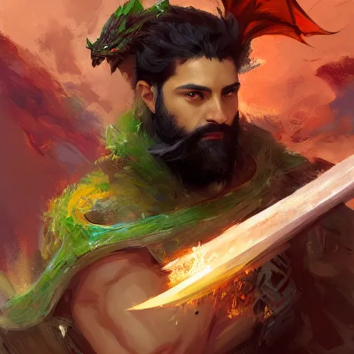 Prompt: A portrait of a fighter with short dark hair and a beard, dual wielding two magical swords, wearing green dragon armor and a cloak made of cheetah, fantasy, digital art by Ruan Jia, Donglu Yu