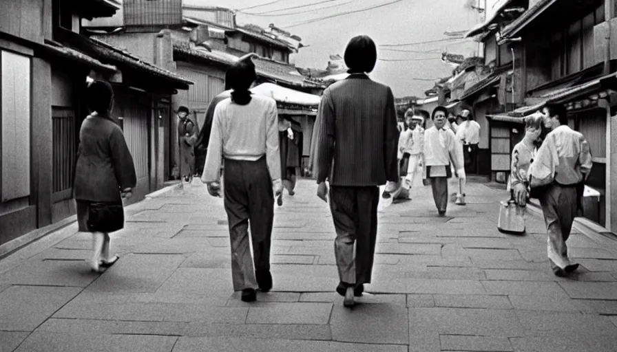 Image similar to mr. hulot lost in the streets of gion, inquiring directions from a geisha in old kyoto, cinematic 1 9 7 0, in the style. of wes anderson and jacques tati