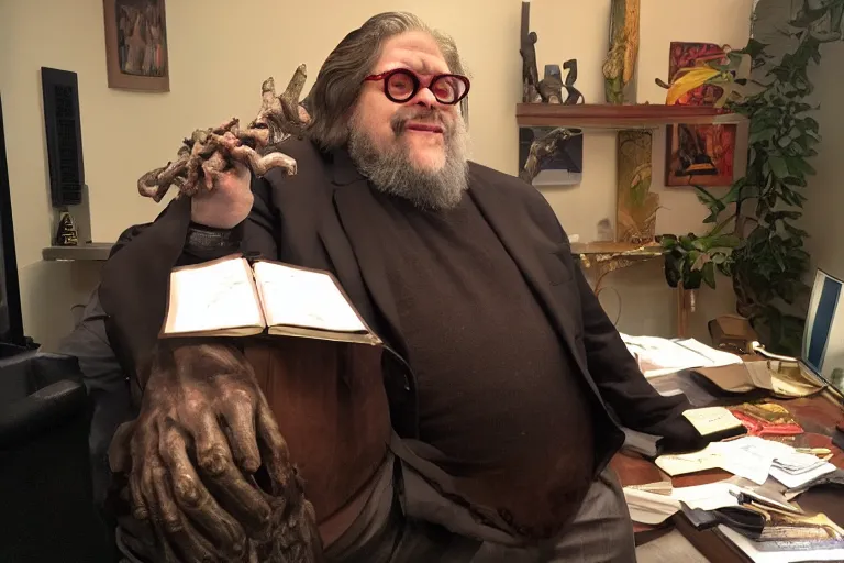 Image similar to monster guillermo del toro sat in an office