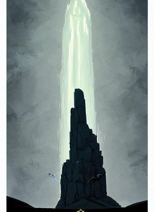 Image similar to a cartoon scene with a person wearing a black robe standing in front of a monolith, concept art by kilian eng, tumblr contest winner, symbolism, concept art, official art