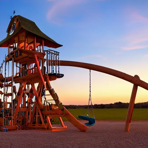 Image similar to enormous, never-ending wooden structure with slides, swings, and many-storied equipment at dusk by Thomas Kincade