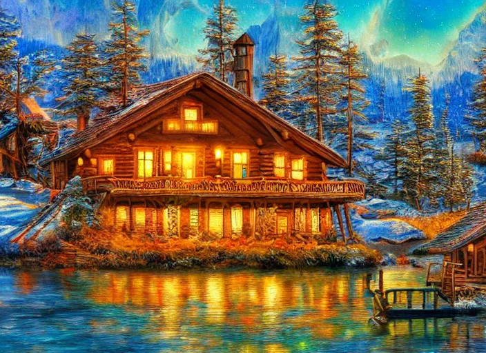 Image similar to beautiful cabin on a lake in the winter, 8 k, matte painting, in the style of artist, josephine wall