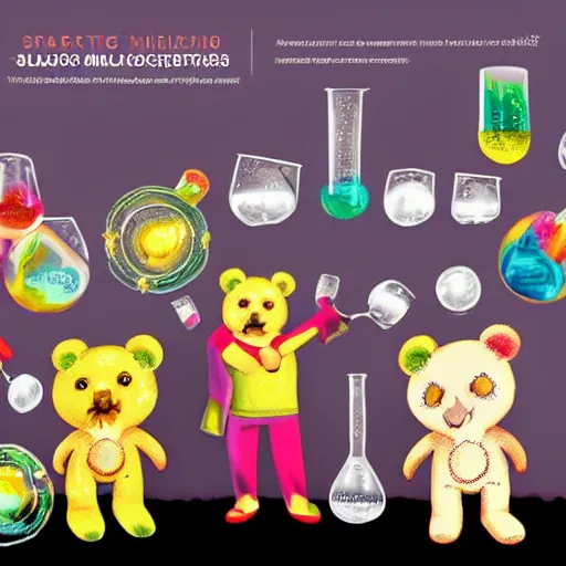 Image similar to Scientists teddy bears mixing sparkling chemicals in the style of 90s cartoons