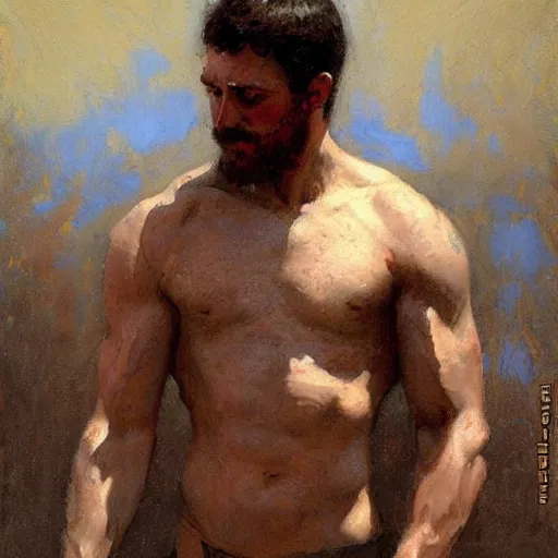 Prompt: a man with an athletic body type, painting by Gaston Bussiere, Craig Mullins