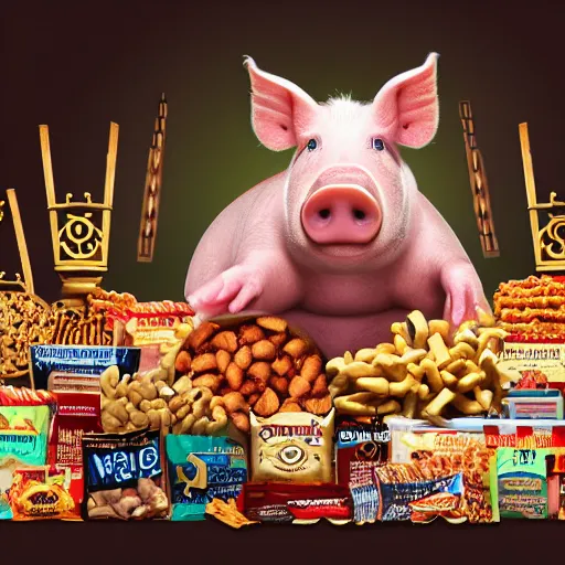 Prompt: photo realistic pig as a king sitting on a throne with a sceptor surrounded by bags of food snacks, realistic, award winning, cinematic